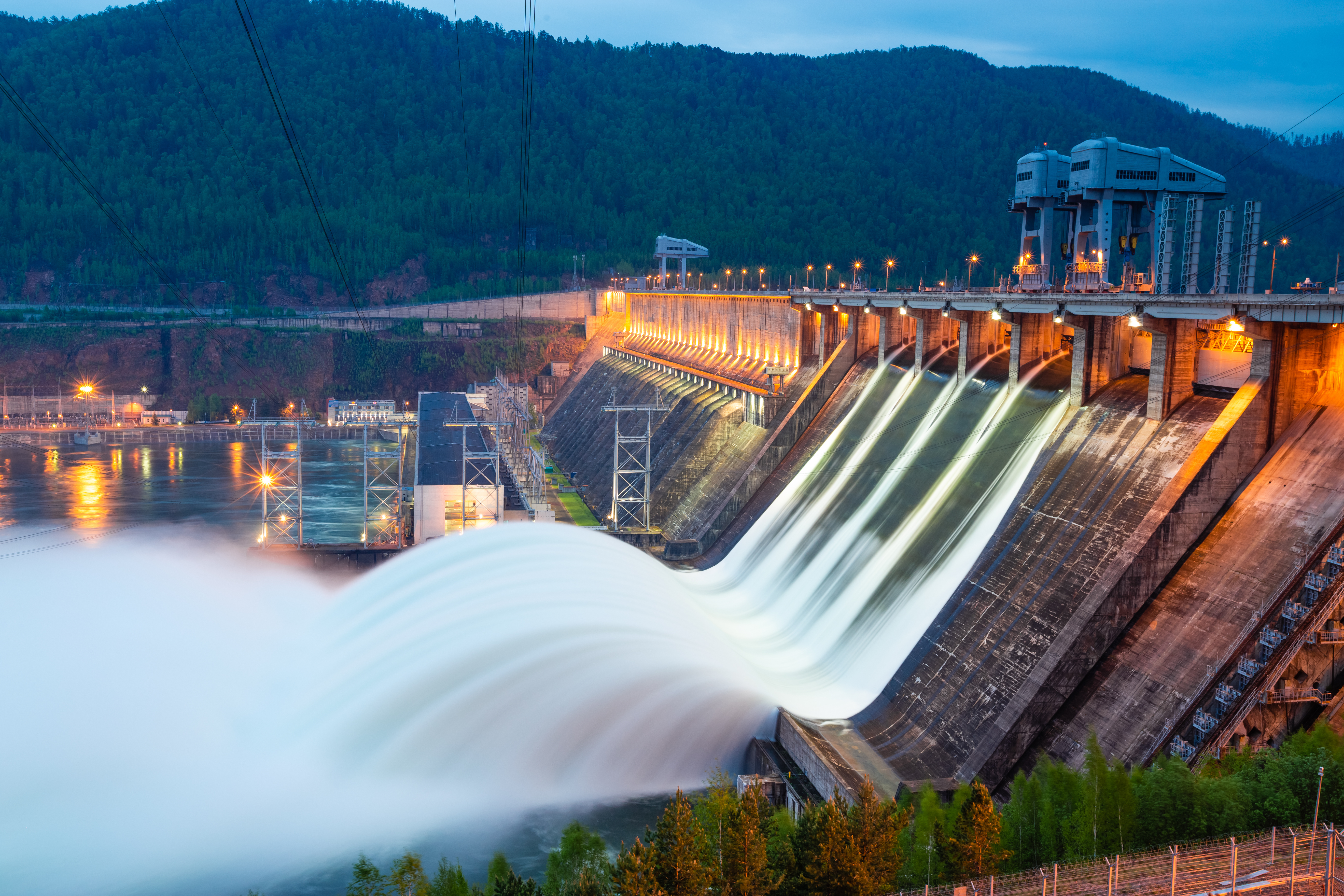 view of the hydroelectric dam, water discharge through locks