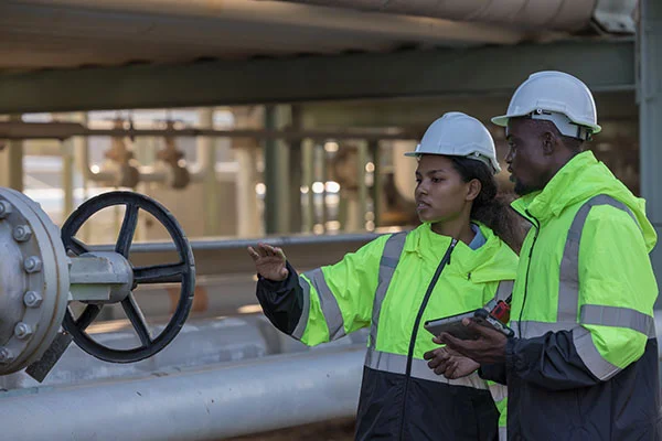 engineers inspecting gas turbine conversion hydrogen-ready power station