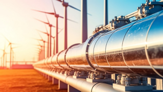 A hydrogen pipeline with wind turbines and  in the background. Green hydrogen production concept