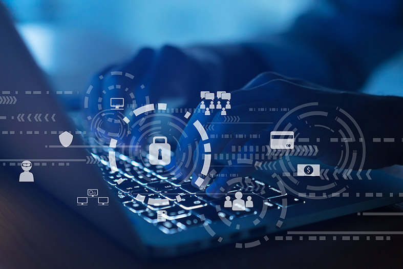 Close up businessman hand typing or working on laptop for programming about cyber security , advance future technology concept