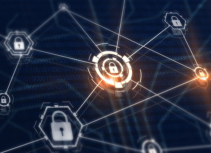 Access control and cyber security concept. Padlocks and locks on virtual digital screen. Data and information protection protocol. Secure connection.