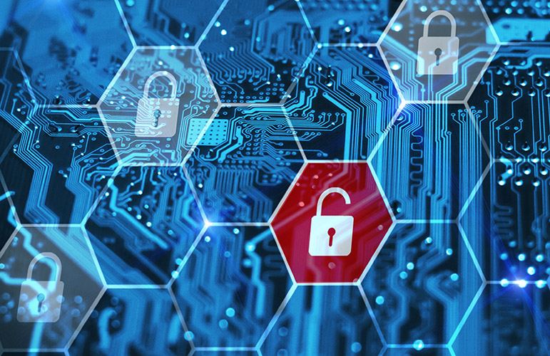 Internet piracy and cybersecurity concept. Integrated circuit and virtual digital padlocks.