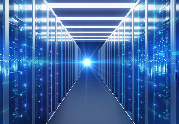 Corridor of  server room with server racks in datacenter. 3d illustration