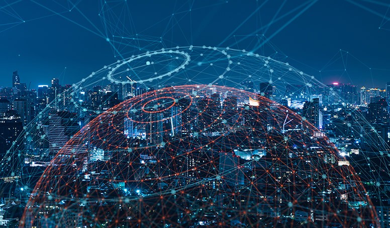 Modern city with wireless network connection and city scape concept.Wireless network and Connection technology concept with city background at night.