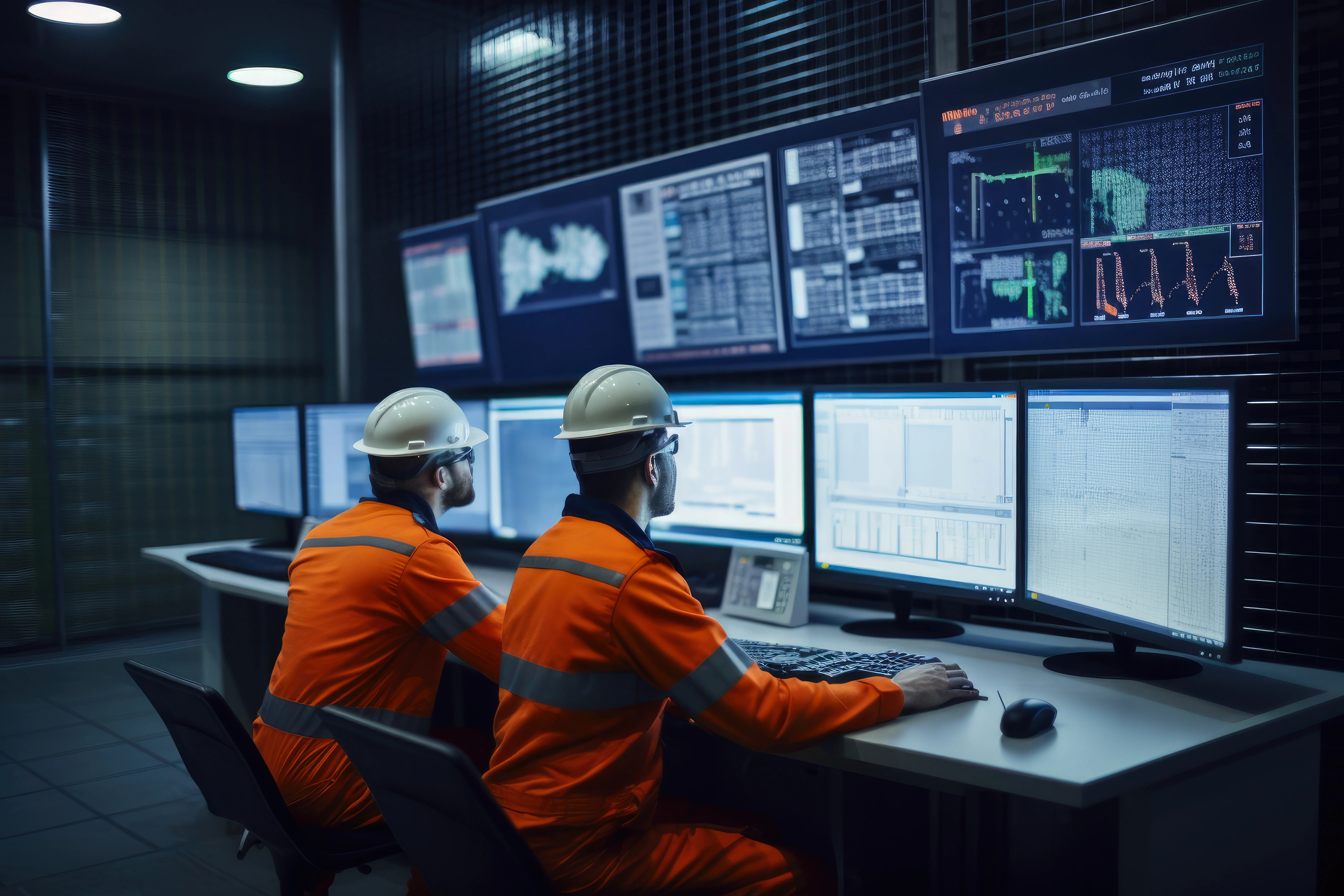 Three heavy industry engineers in safety gear, holding a meeting in a pipe manufacturing factory control room, surrounded by screens displaying data, generative ai