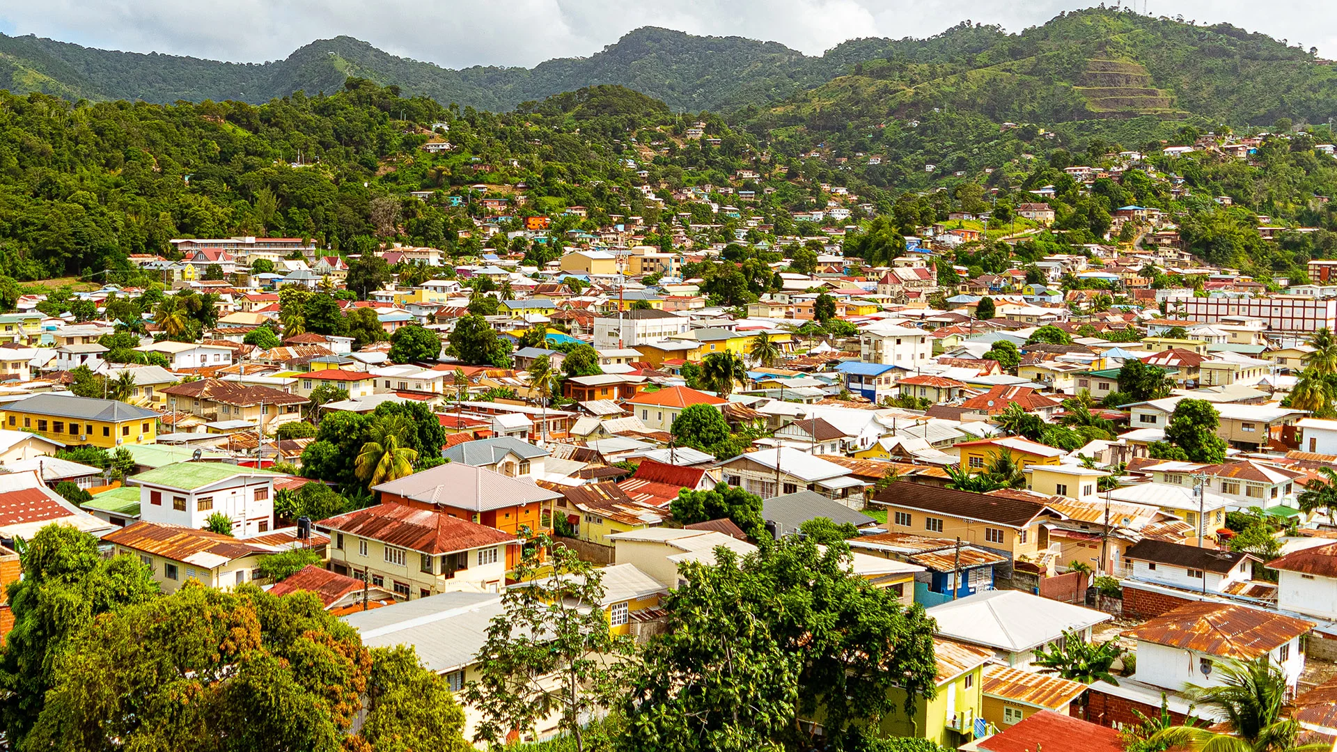 view of the city of Belmont, Port of Spain, Trinidad with Green Mountains