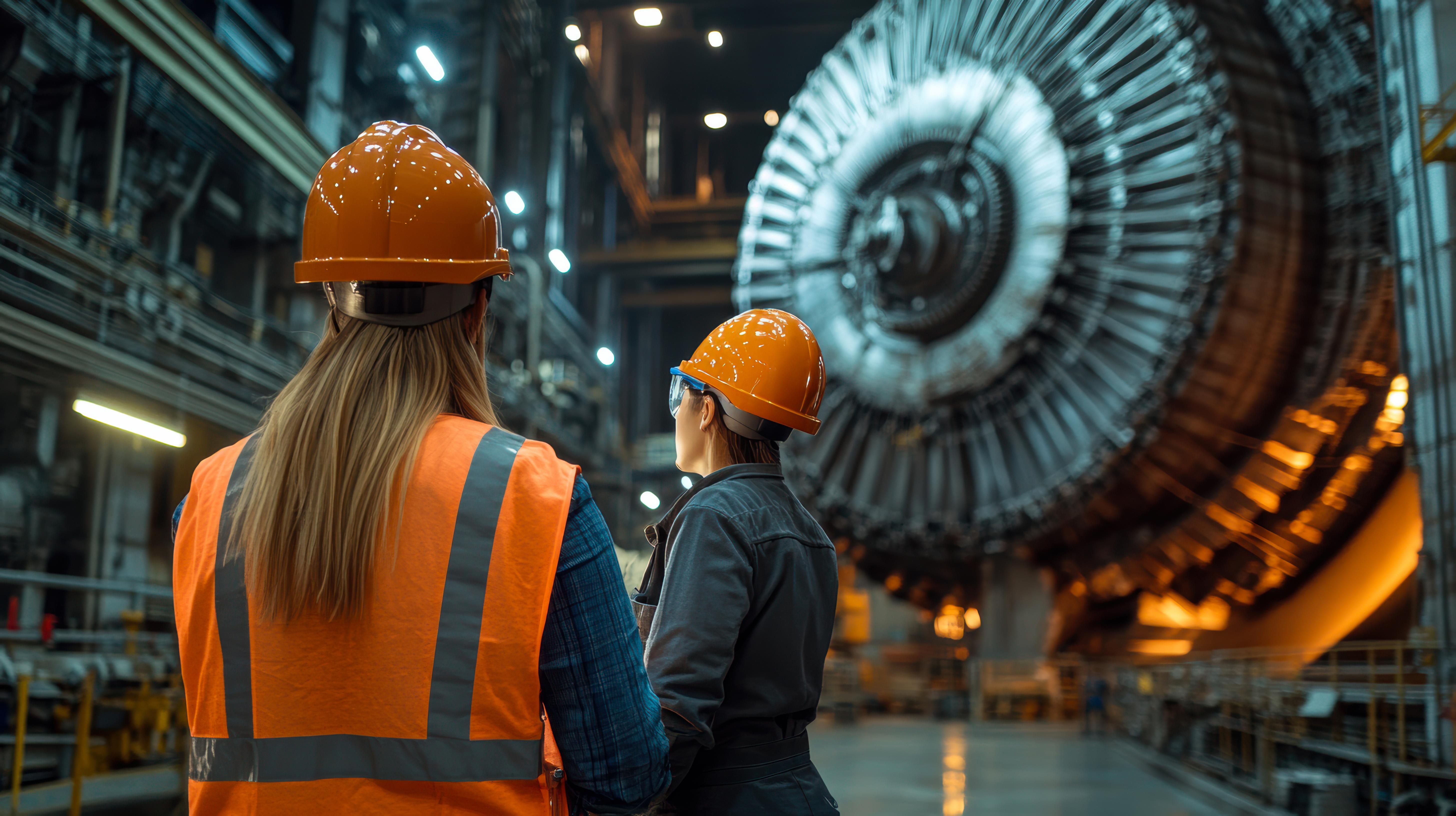 Two engineers in orange safety gear inspect a large turbine in an industrial facility, suitable for articles on engineering, energy, and industrial safety practices,