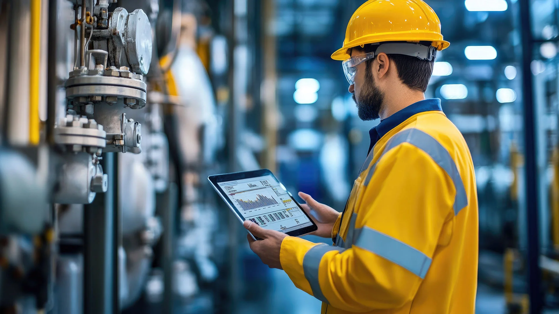 Industrial equipment integrated with condition monitoring tools, offering instant performance insights and efficiency metrics in a high-tech manufacturing plant