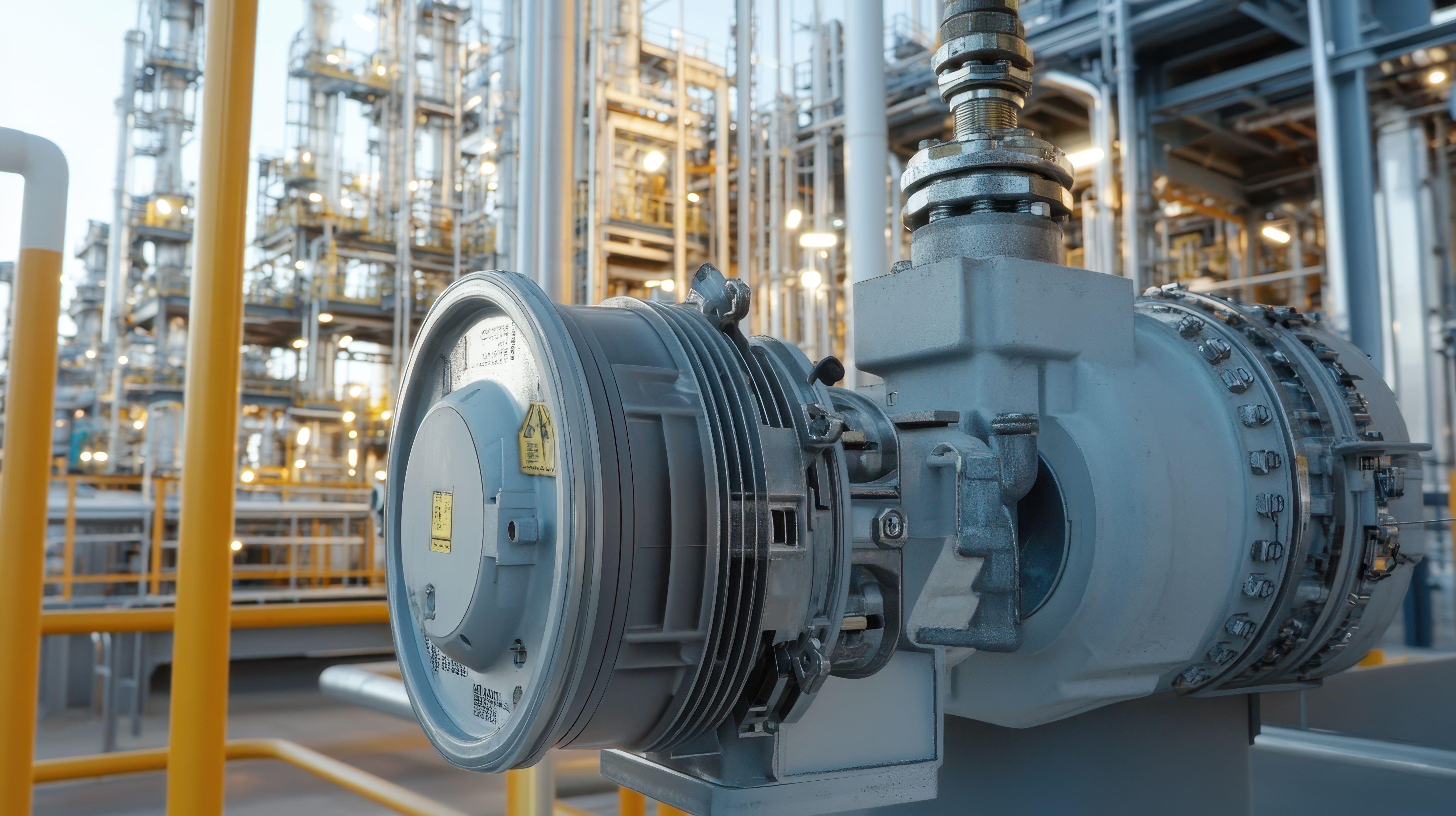 Industrial electric motor detail, highlighting connections and robust design within petrochemical plant.
