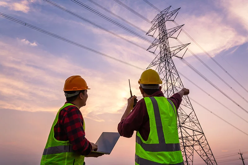 Asian Manager Engineering and worker in standard safety uniform working inspect the electricity high voltage pole.