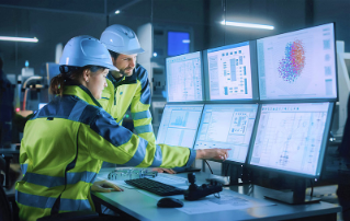 Industry 4.0 Modern Factory: Project Engineer Talks to Female Operator who Controls Facility Production Line, Uses Computer with Screens Showing AI, Machine Learning Enhanced Assembly Process