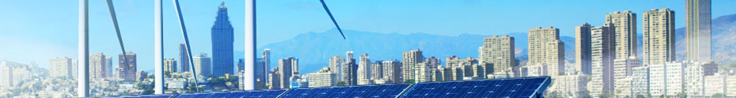 Cityscape with solar panels and wind turbines, illustrating sustainable urban energy solutions
