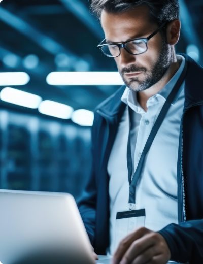Professional technician working on a laptop in a data center environment.