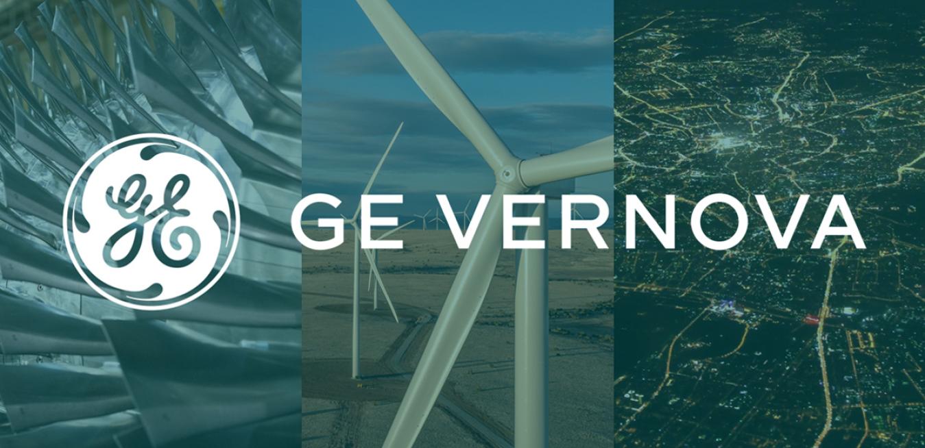 GE Vernova logo with wind turbine and power grid background images