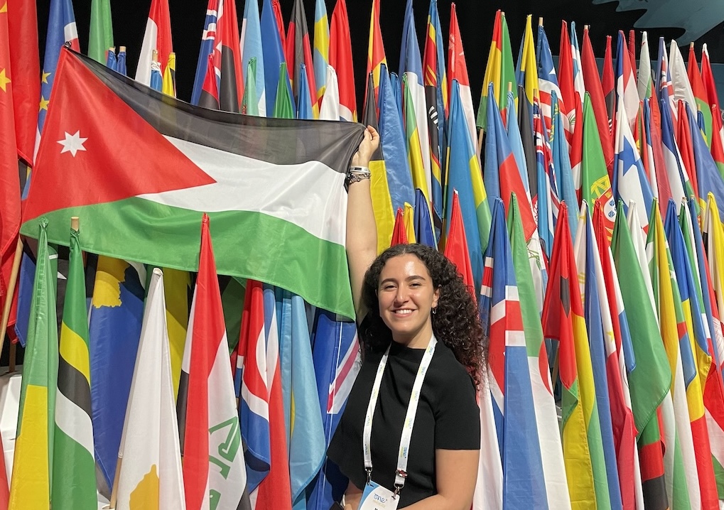 A person holds a Jordan flag 
