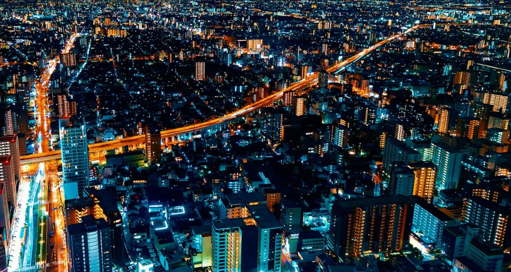drone image of a electrified city