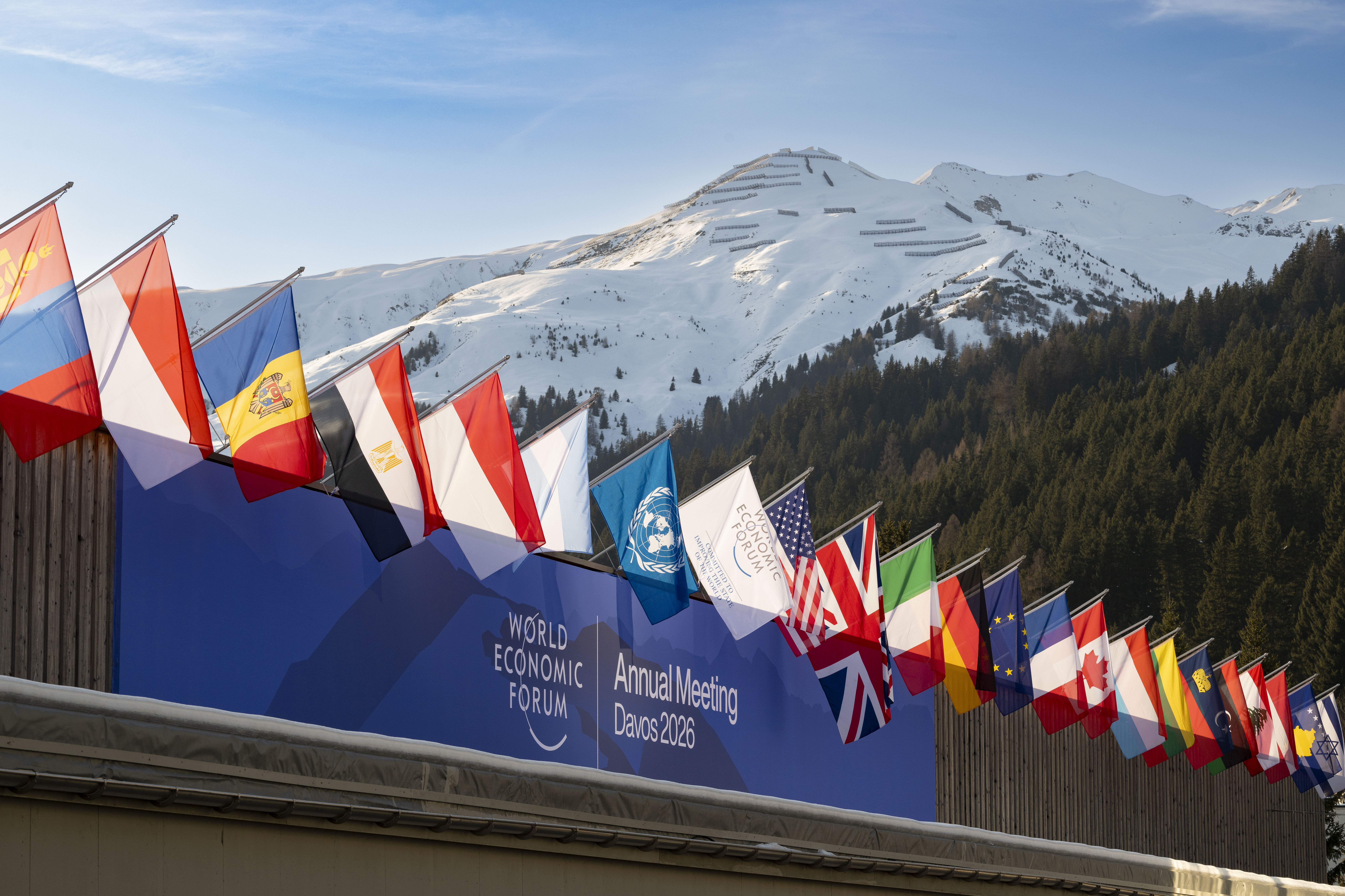 World Economic Forum entrance with country flags