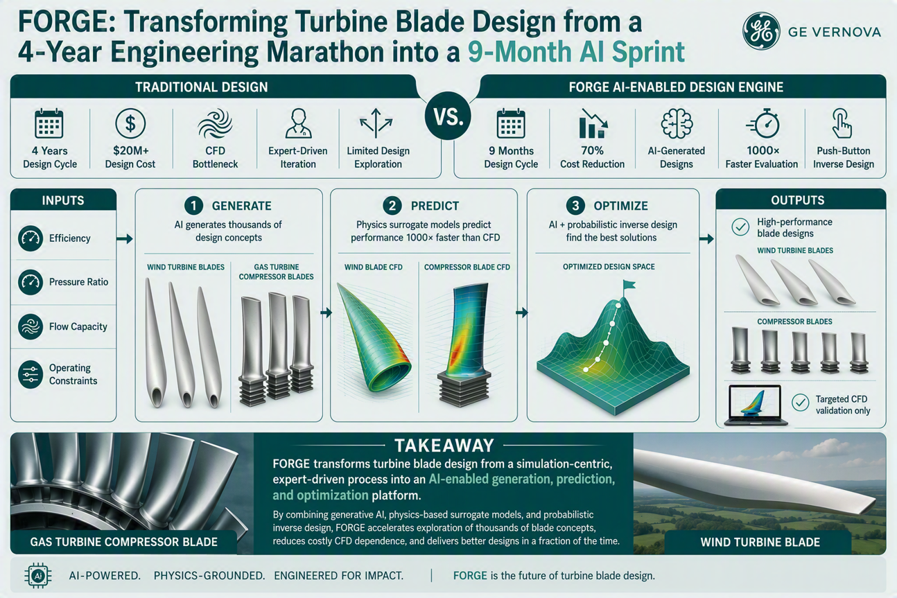 Infographic steps through how GE Vernova Advanced Research is transforming turbine blade design to an AI-enabled generation, prediction, and optimization platform