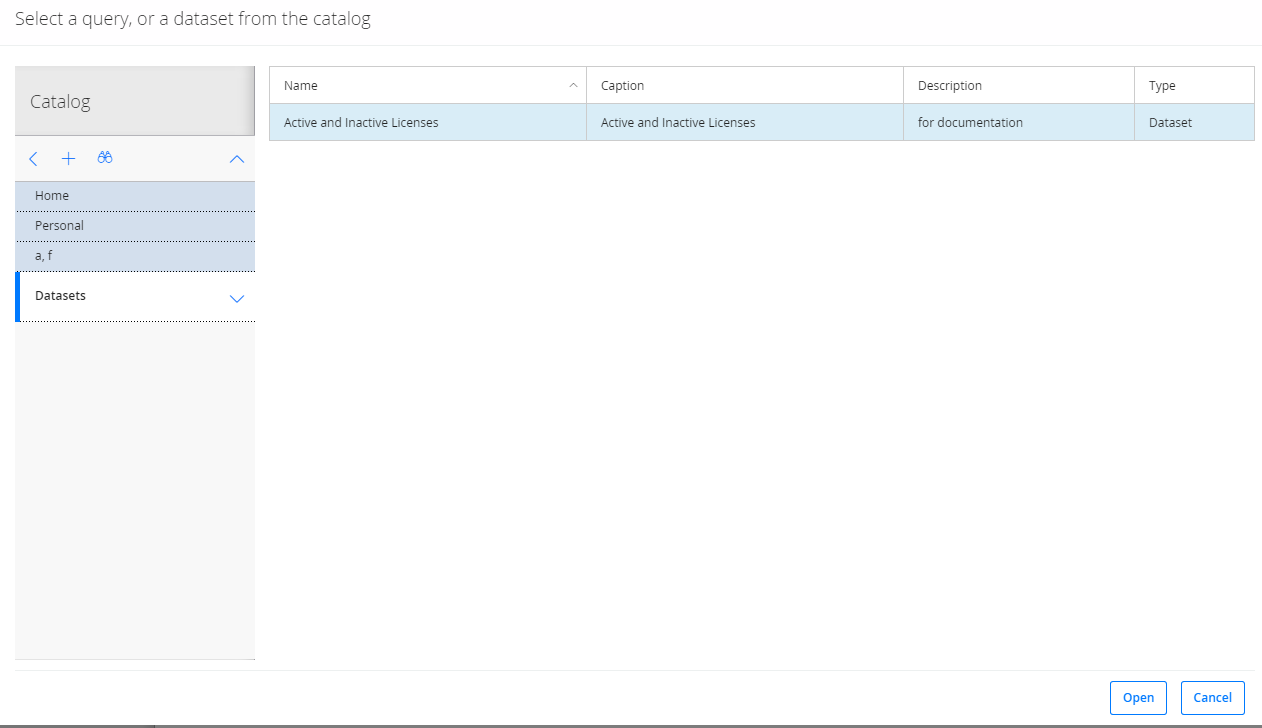 The Select a query, or a dataset from the catalog window