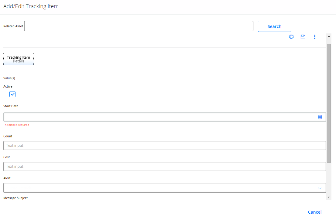 The blank datasheet of a Tracking Item