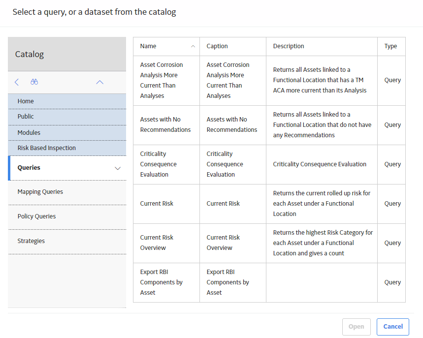 The Select a query, or a dataset from the catalog window